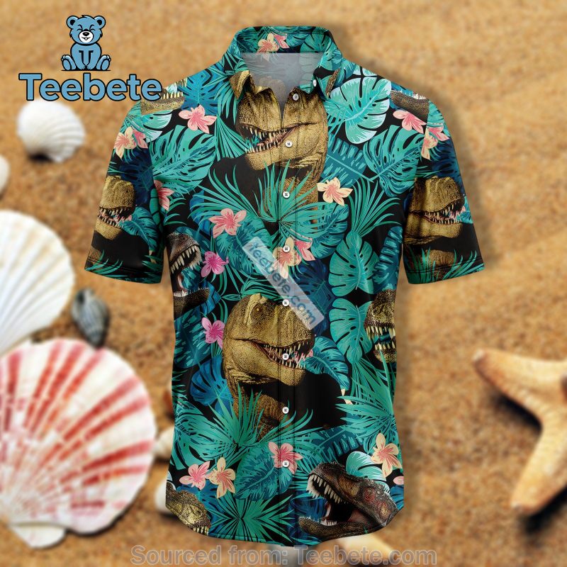 T Rex With Palm Leaf Green Cheap Hawaiian Shirts
