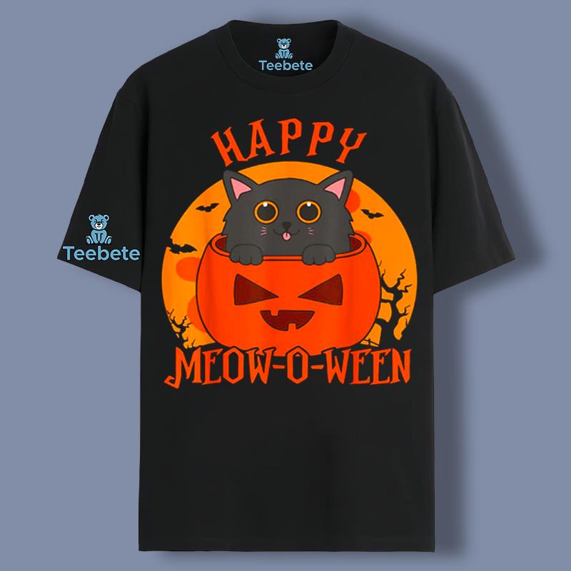 Happy Meow O Ween Pumpkin Cute Black Cat Shirt Design