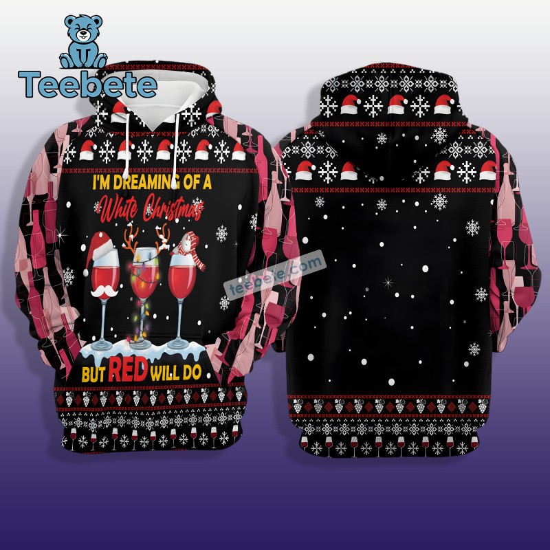 Wine Christmas But Red Will Do Snowman And Santa Claus 3D Hoodie Black Full Print