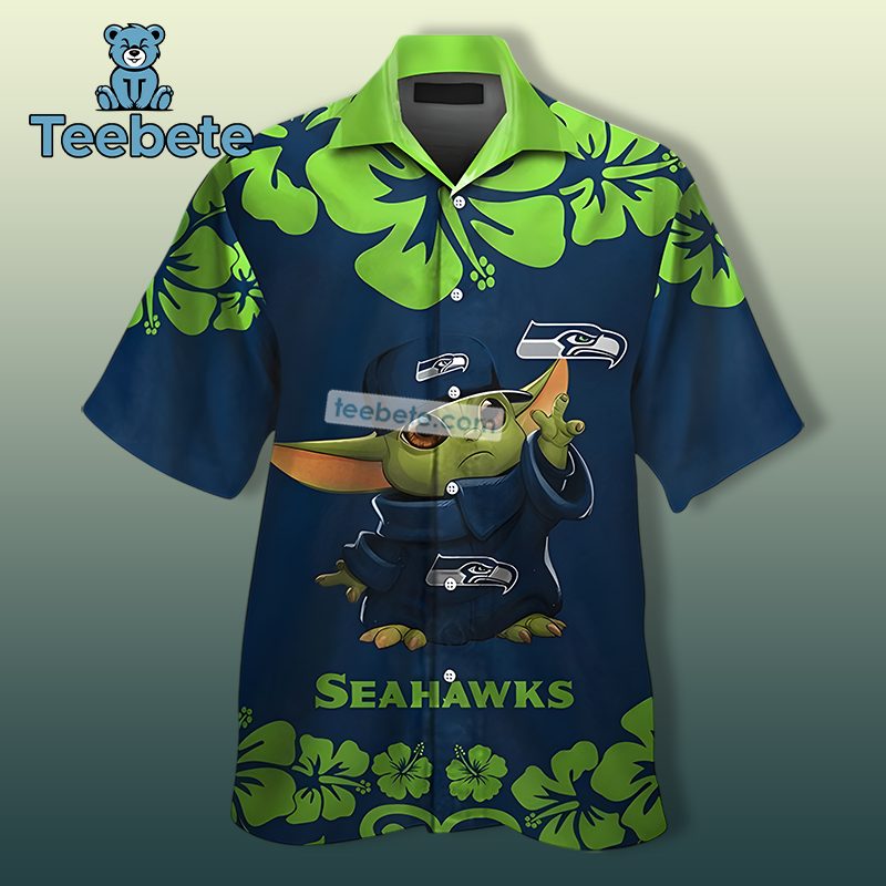 Yoda Wear Seattle Seahawks And Hibiscus Pattern Blue Unisex Hawaiian Shirts