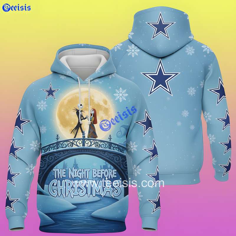Dallas Cowboys The Night Before Christmas 3D Hoodie Jack Skellington Light Blue Winter Gift