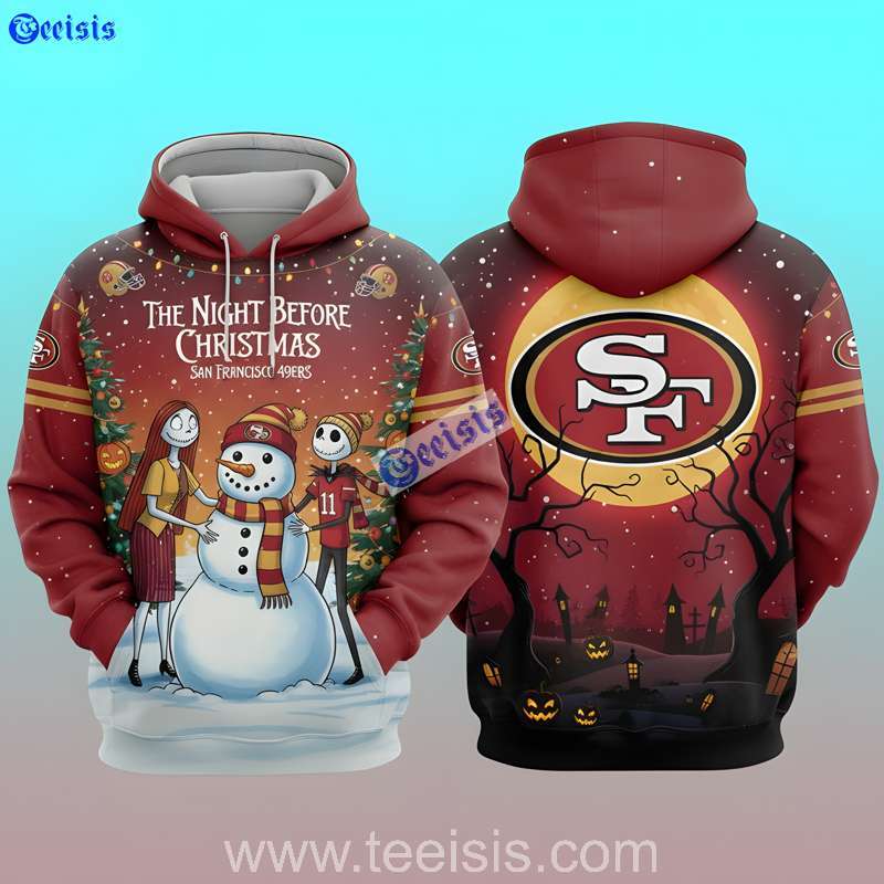 San Francisco 49ers The Night Before Christmas Jack And Sally Snowman 3D Hoodie For Men