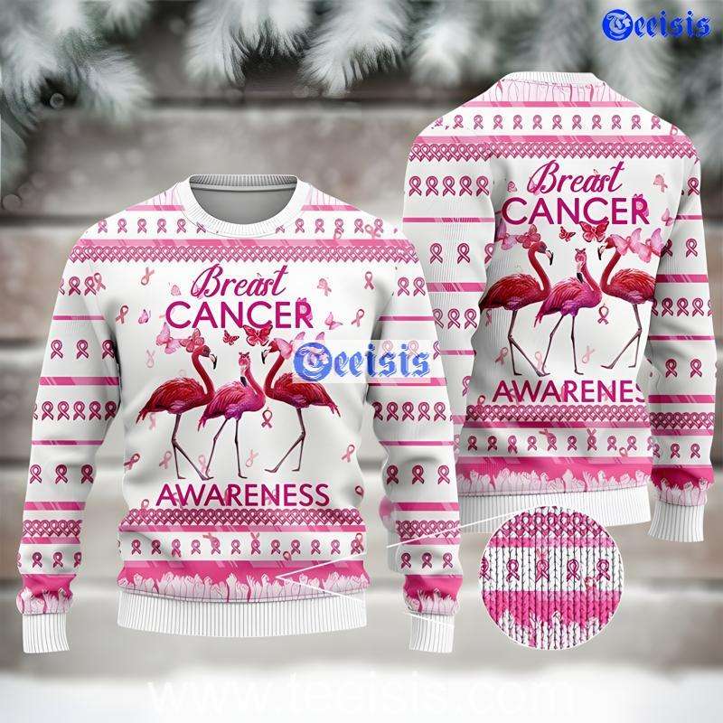 Breast Cancer Awareness Ugly Xmas Sweater Pink Ribbon Flamingo Support Pullover