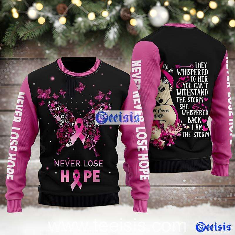 Breast Cancer Fighter Ugly Sweater Pink Ribbon Butterfly With Inspirational Quote