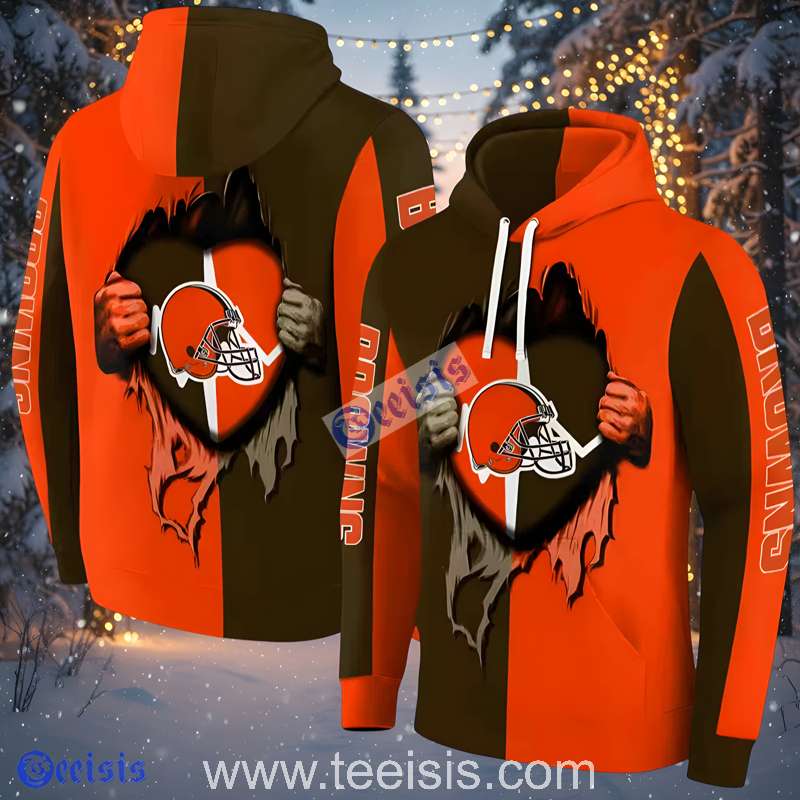 Cleveland Browns Heartbeat Graphic 3D Hoodie Men Orange