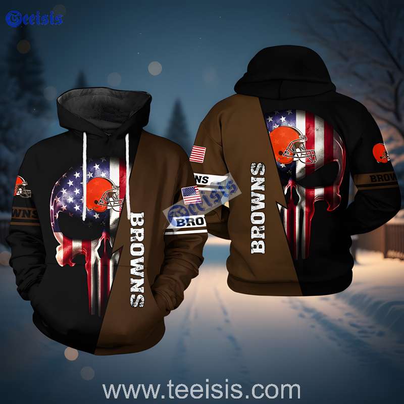 Cleveland Browns Us Flag Skull Team 3D Hoodie For Sale