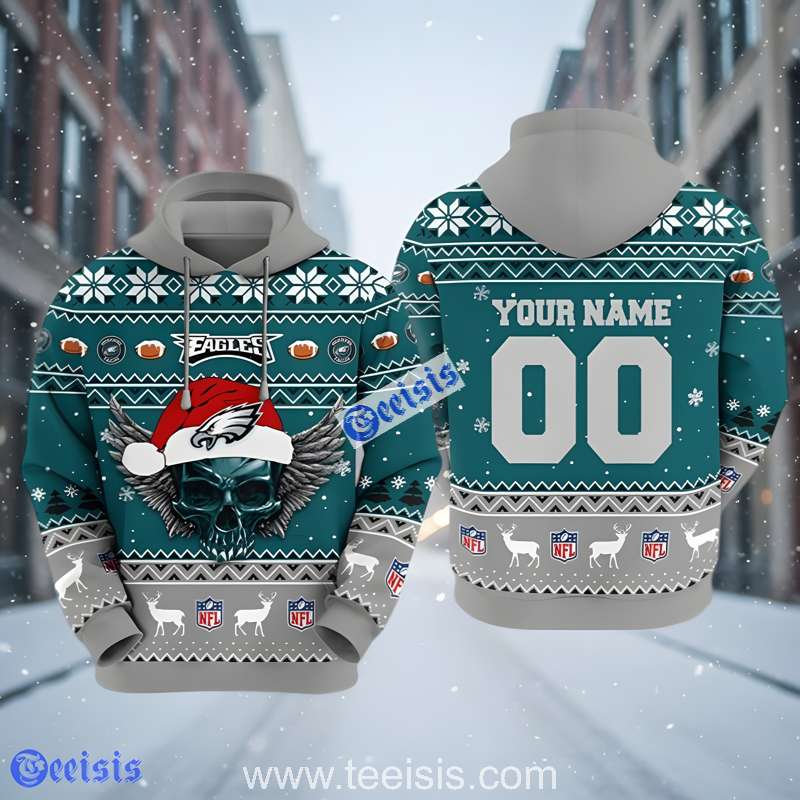 Custom Philadelphia Eagles Christmas Hoodie Skull Santa For Fans