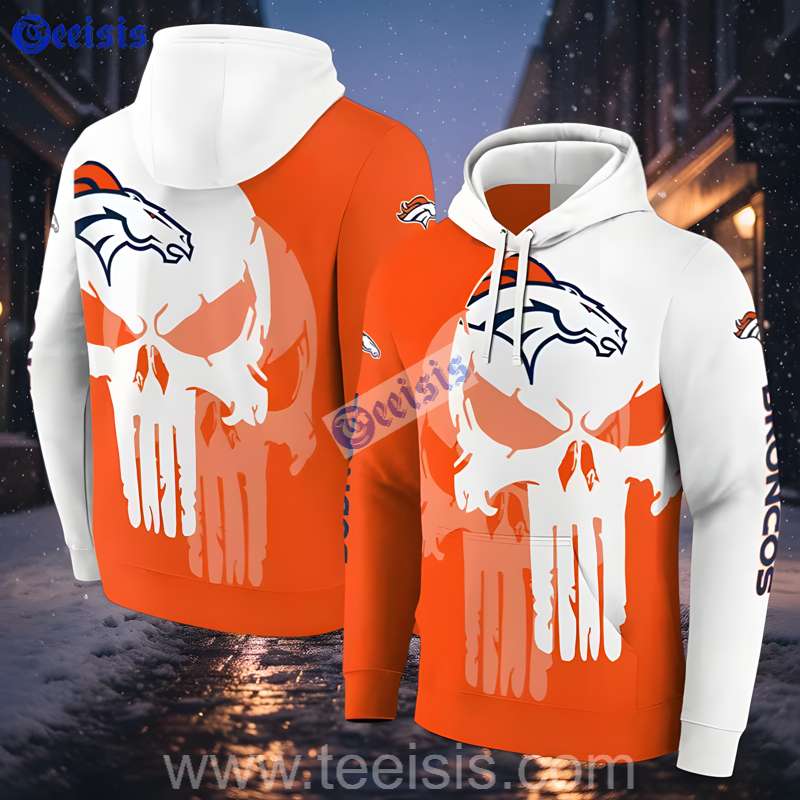 Denver Broncos Graphic Punisher 3D Hoodie White Orange Printing
