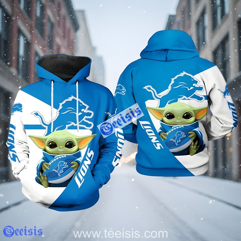 Detroit Lions Baby Yoda Cute White Blue 3D Hoodie Women