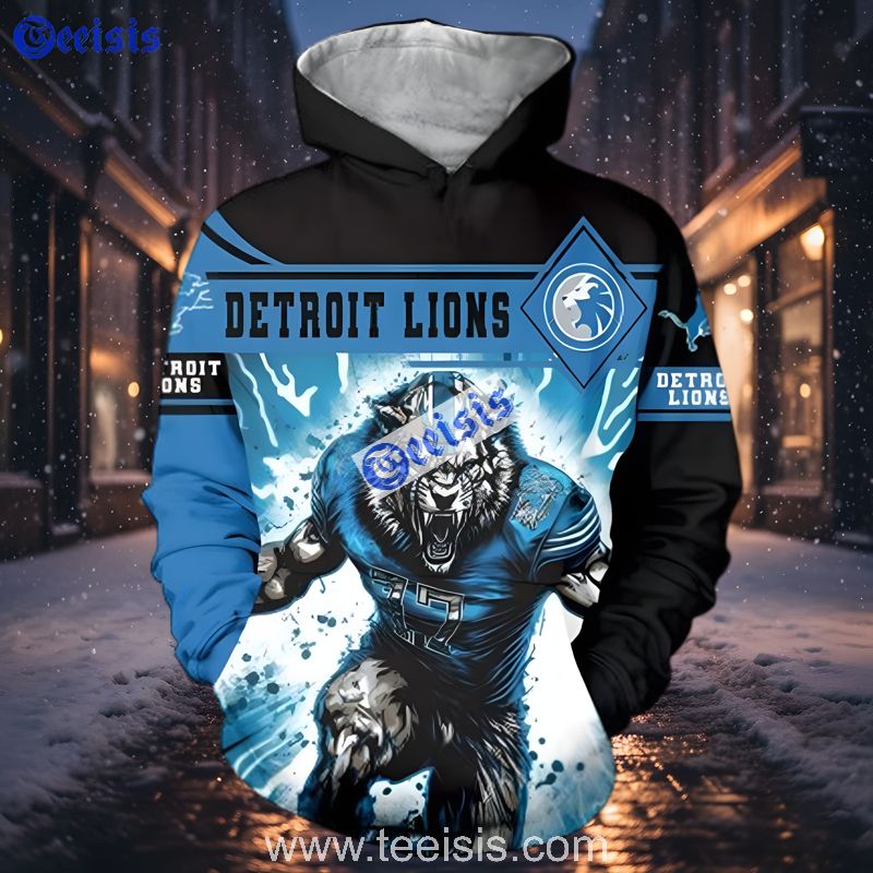 Detroit Lions Fierce Mascot Warrior Graphic Blue Black 3D Hoodie Youth