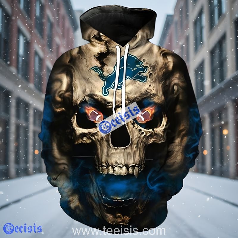 Detroit Lions Fiery Skull Smoke Effect Brown Black 3D Hoodie 3D Hoodie Sale