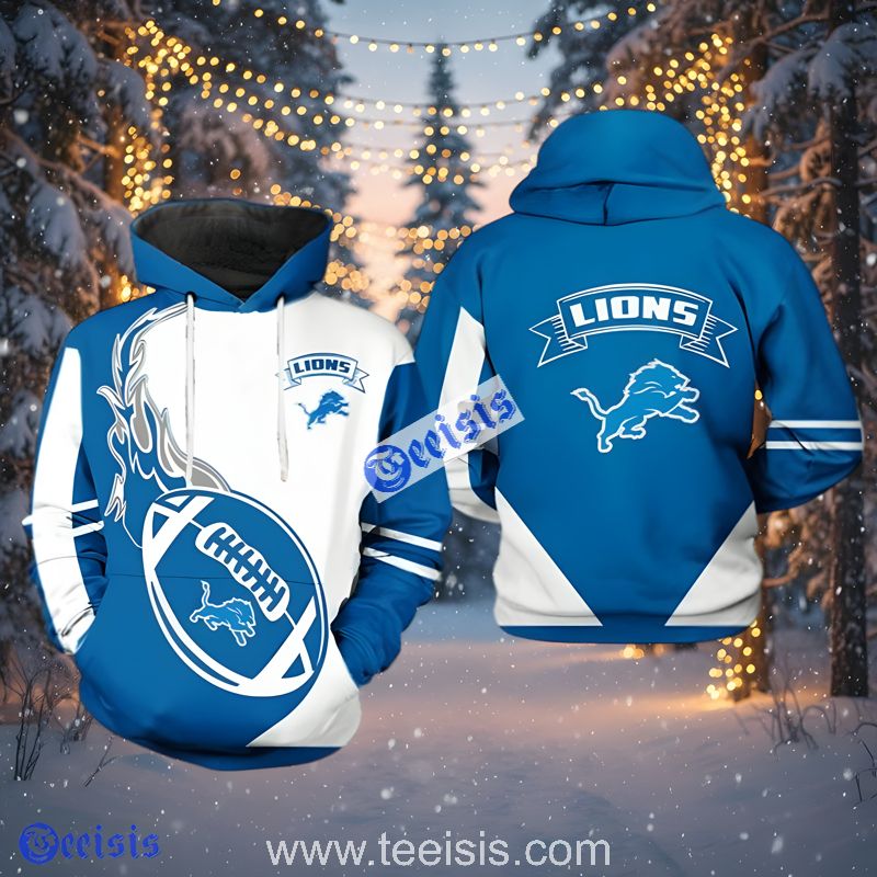 Detroit Lions Football Graphic Blue White 3D Hoodie Mens