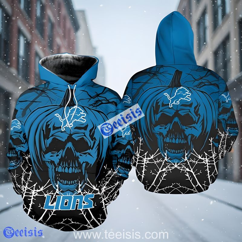 Detroit Lions Halloween Pumpkin Skull Blue Black Men 3D Hoodie