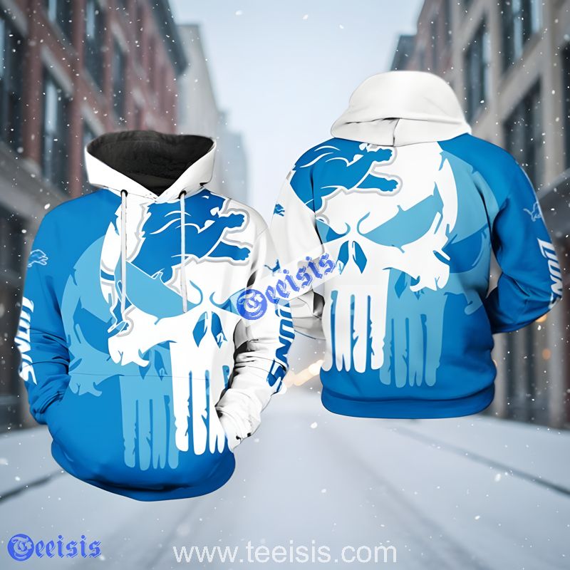 Detroit Lions Large Skull Logo Blue White 3D Hoodie Youth