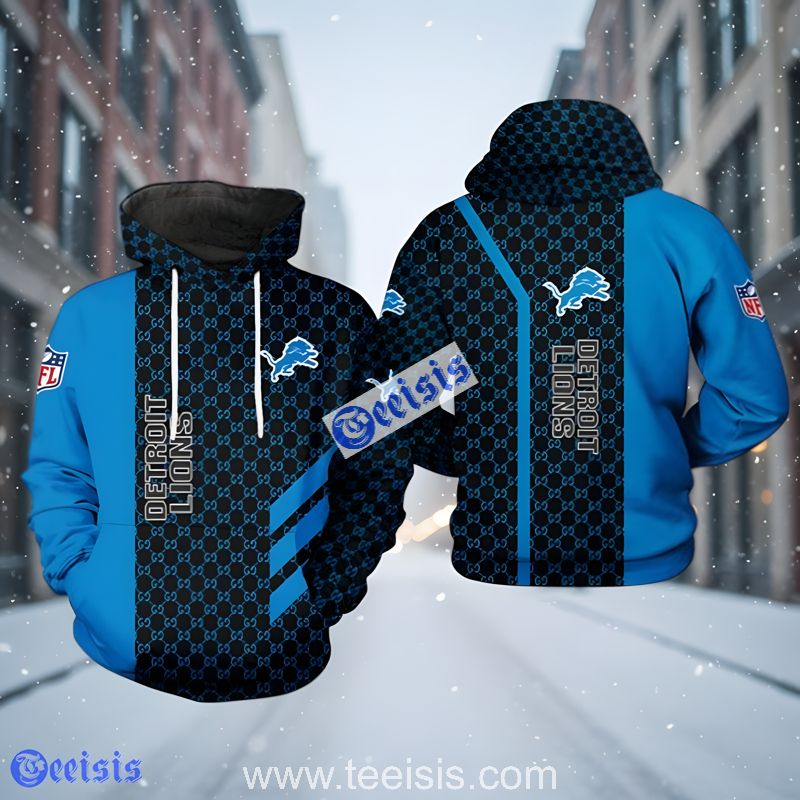 Detroit Lions Monogram Pattern Blue Black 3D Hoodie For Fans