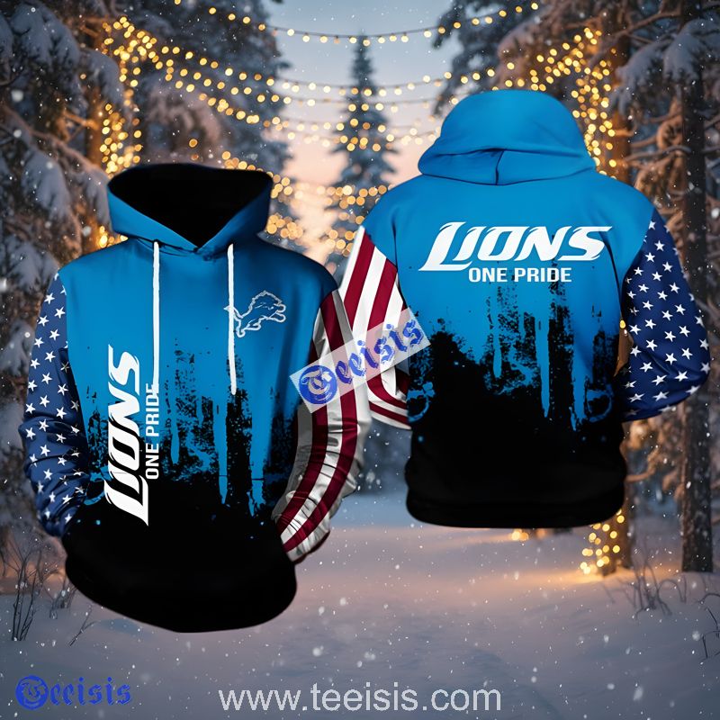 Detroit Lions One Pride American Flag Sleeve Blue Black 3D Hoodie Men
