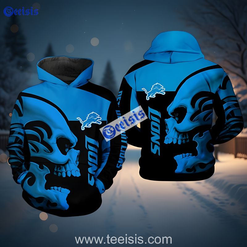 Detroit Lions Skull Blue Black 3D Hoodie For Youth