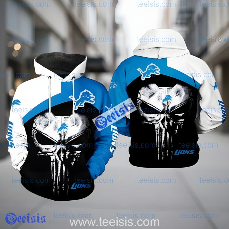 Detroit Lions Skull Graphic Blue White Black 3D Hoodie For Football Fans