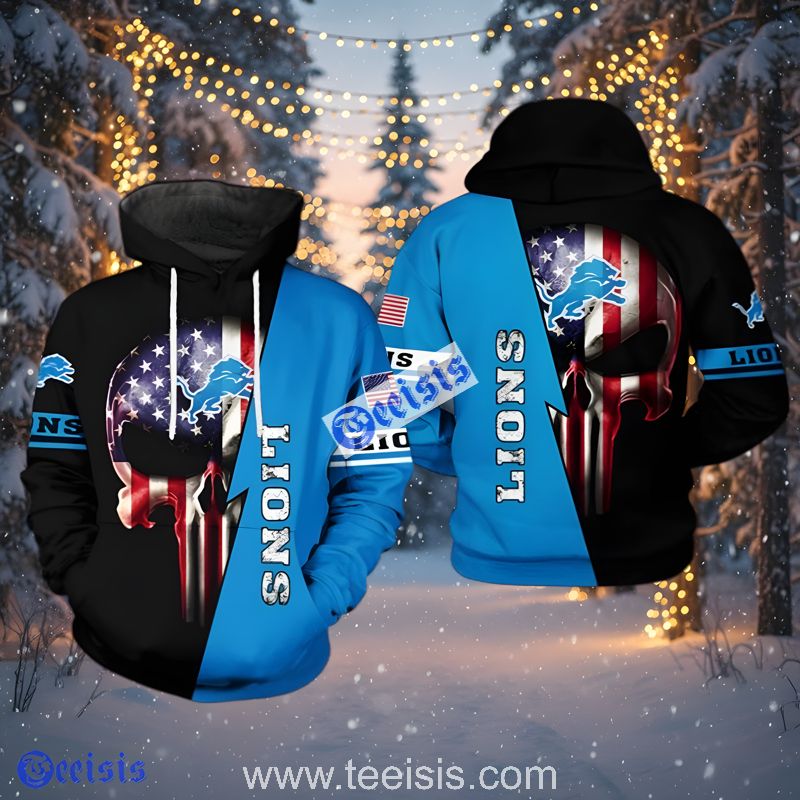 Detroit Lions Us Flag Skull Blue Black 3D Hoodie Youth