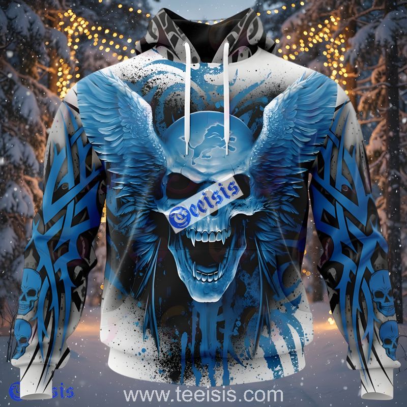 Detroit Lions Winged Skull Tribal Graphic Blue White 3D Hoodie Boy