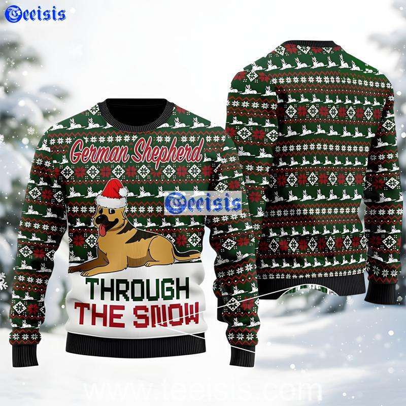 Dog Lover Christmas Sweater German Shepherd Through the Snow Ugly Holiday Knit