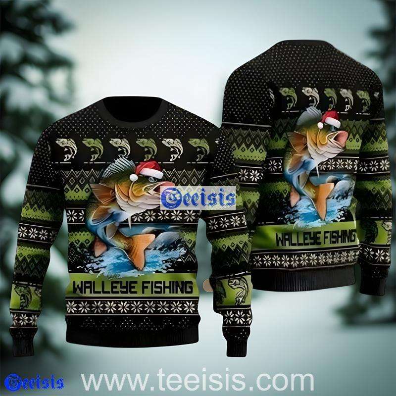Fishing Christmas Sweater  Santa Hat Walleye Fish Holiday For Mens