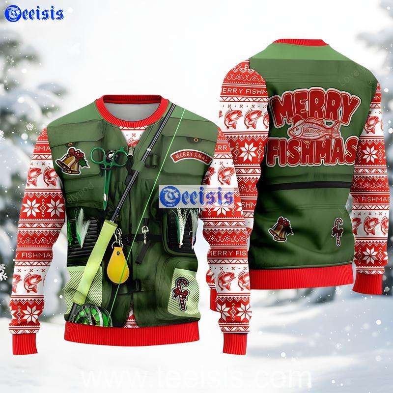 Fishing Vest Ugly Christmas Sweater Merry Fishmas Holiday Gift For Fishermen