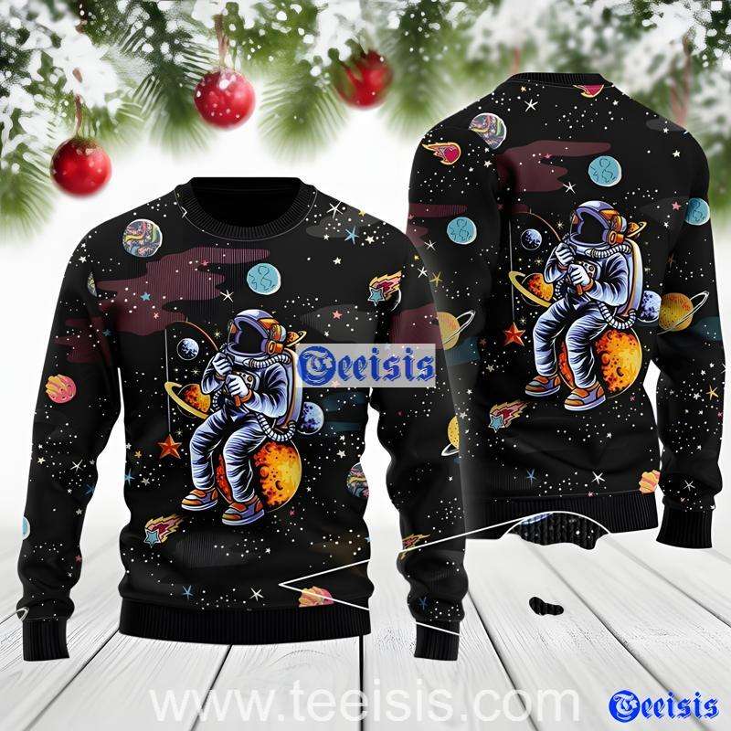 Funny Astronaut Fishing In Space Planet Ugly Xmas Sweater Print Pullover