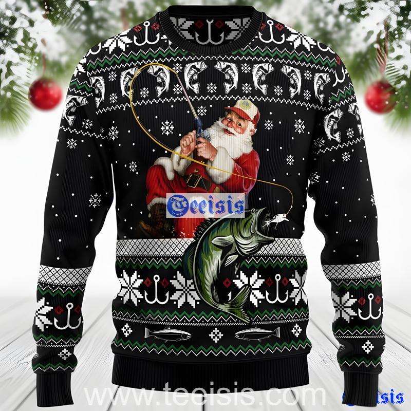 Funny Bass Fishing Christmas Sweater Santa Holiday Ugly Knit