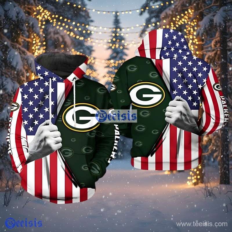 Green Bay Packers American Flag 3D Rip Hoodie Full Zip