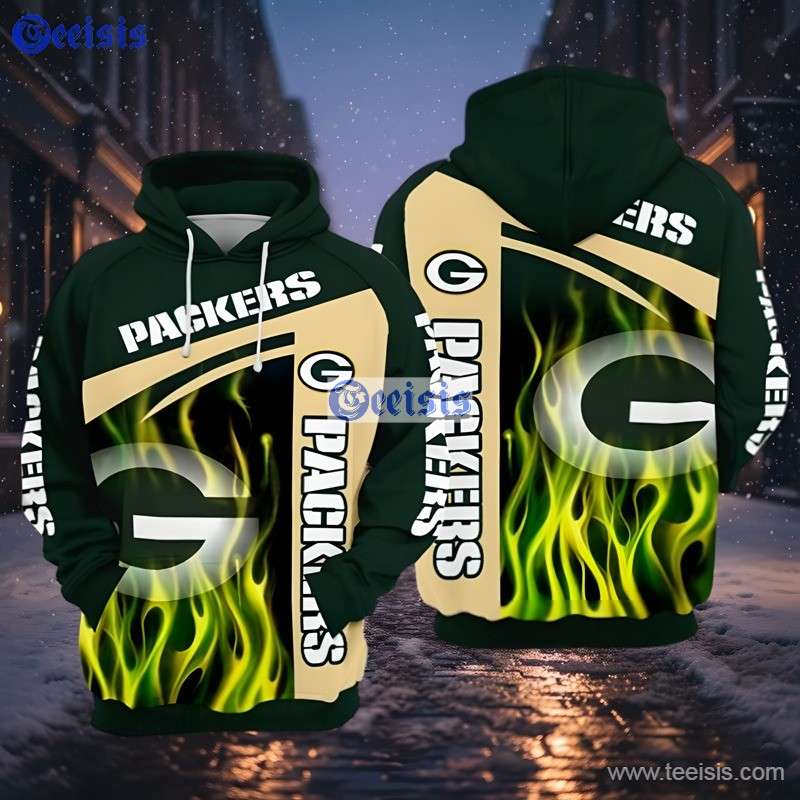 Green Bay Packers Flaming Logo Beige Green 3D Hoodie For Game Day