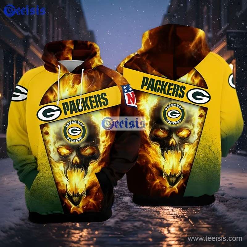 Green Bay Packers Flaming Skull 3D Hoodie Fiery Yellow Black For Fans