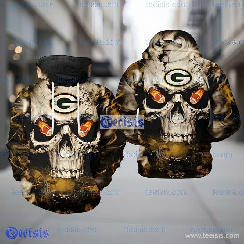 Green Bay Packers Flaming Skull 3D Hoodie For Youth