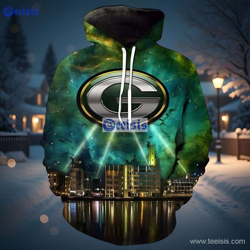 Green Bay Packers Galaxy Cityscape Hoodie  Aurora Green Sky For Fans