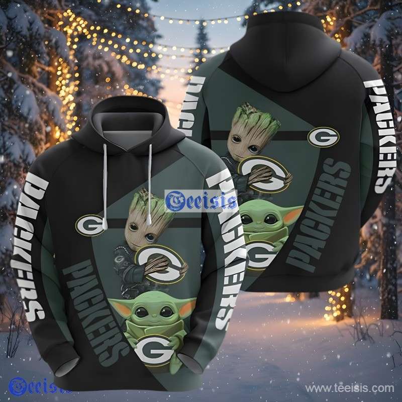 Green Bay Packers Green Cute Groot And Baby Yoda 3D Hoodie Womens