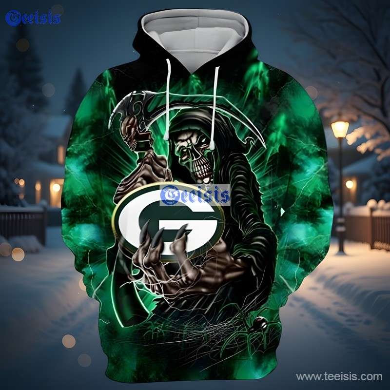 Green Bay Packers Grim Reaper Green Lightning 3D Hoodie Mens