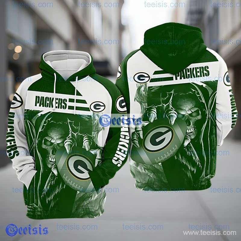Green Bay Packers Grim Reaper Skull Men 3D Hoodie Green And White Graphic Design