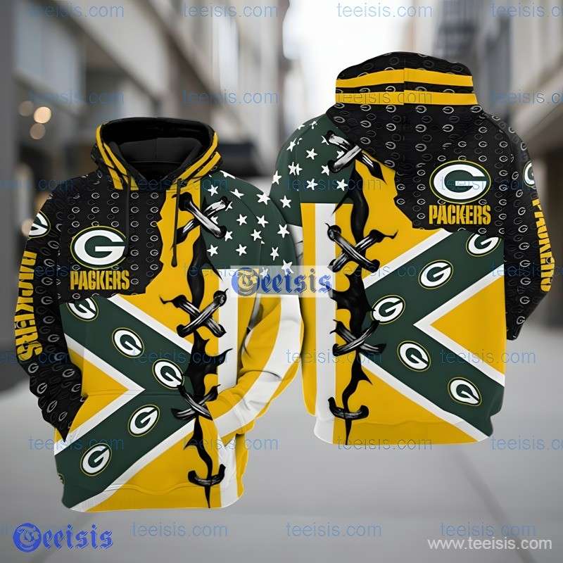 Green Bay Packers Lace Up Flag Yellow Green 3D Hoodie Pullover
