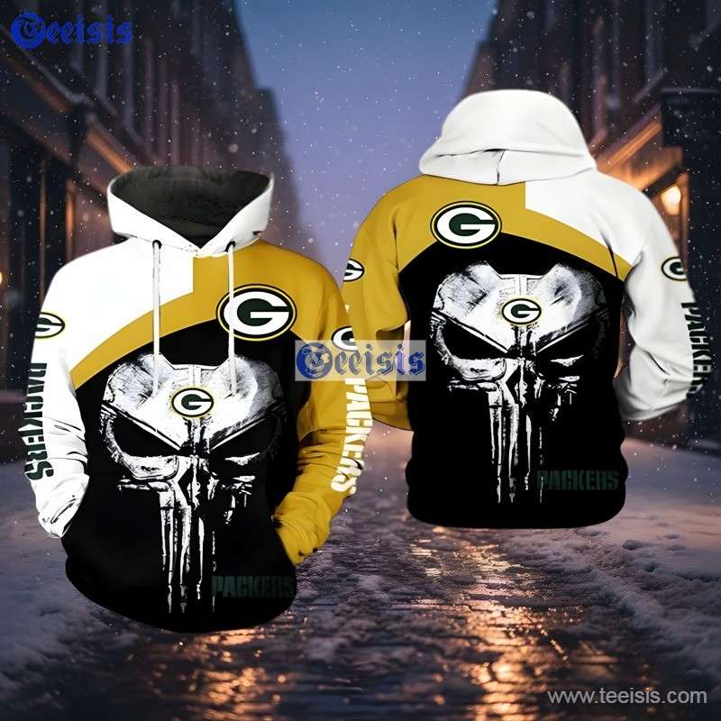 Green Bay Packers Metallic Skull Men 3D Hoodie  White Gold Black