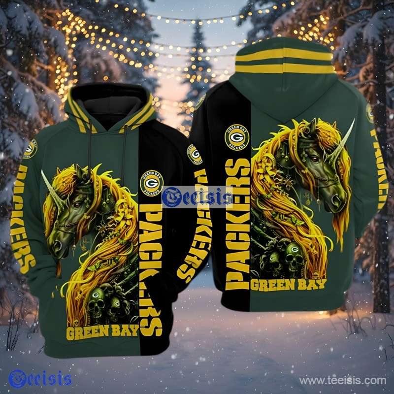Green Bay Packers Mythical Unicorn Full Zip 3D Hoodie