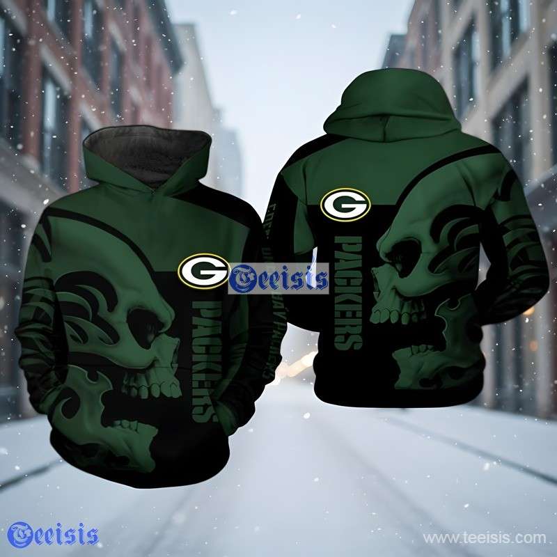 Green Bay Packers Skull Dark Green 3D Hoodie For Youth