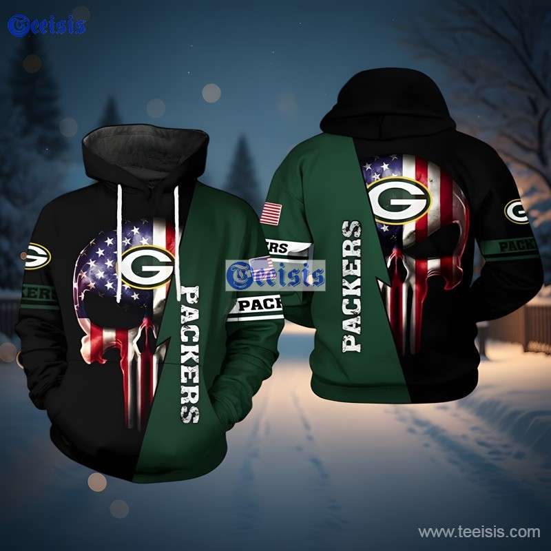 Green Bay Packers US Flag Skull Team Green Black For Mens