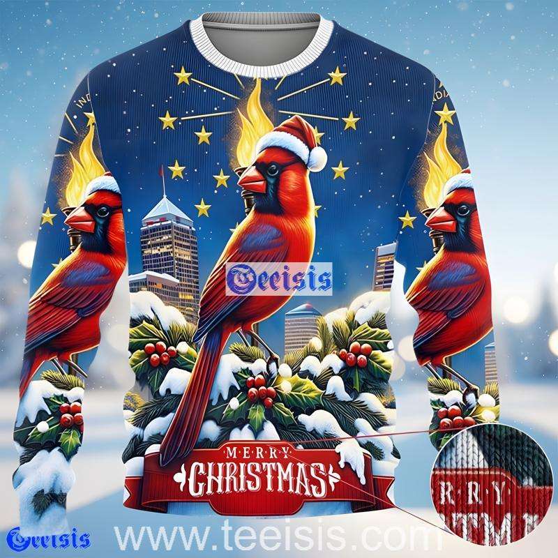 Indiana With Gold Torch And Cardinal Bird Ugly Christmas Sweater