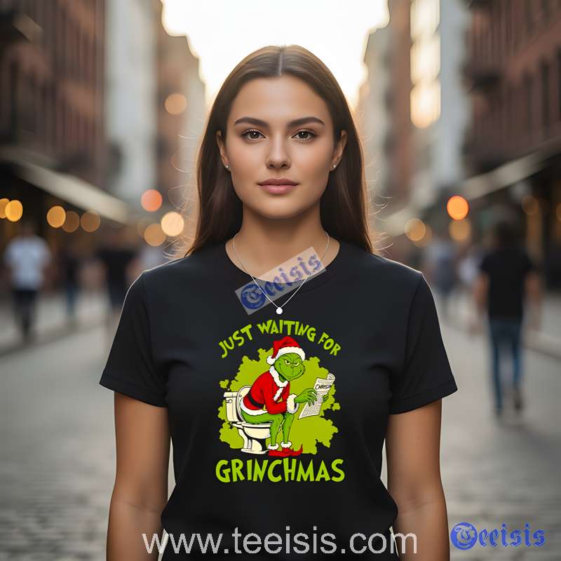 Just Waiting For Grinchmas Grinch On Toilet Funny Christmas Unisex Shirt