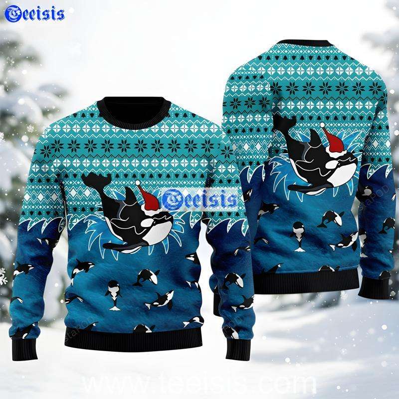 Killer Whale Ugly Christmas Sweater Festive Orca Santa Pullover
