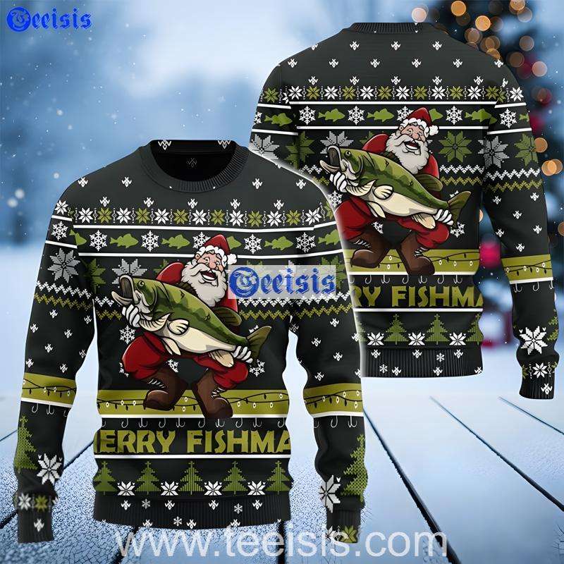 Merry Fishmas Ugly Christmas Sweater Funny Santa Fishing Holiday Pullover