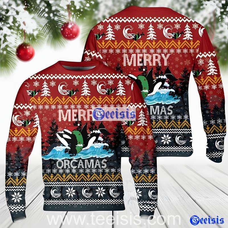 Merry Orcamas Ugly Christmas Sweater  Funny Orca Whale Holiday Pullover