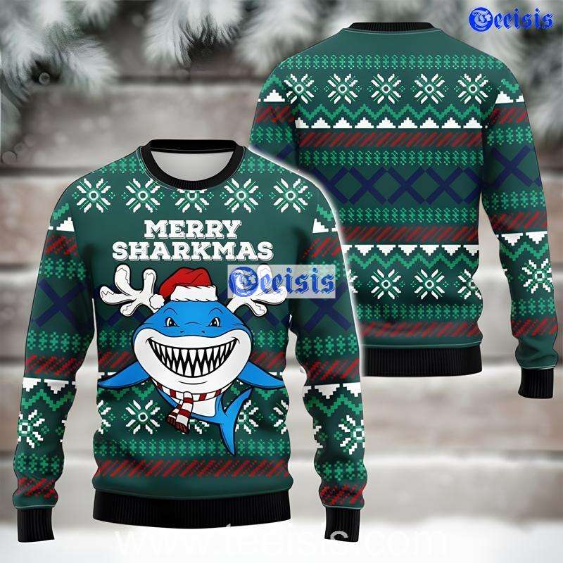 Merry Sharkmas Ugly Christmas Sweater Funny Santa Shark Holiday Pullover