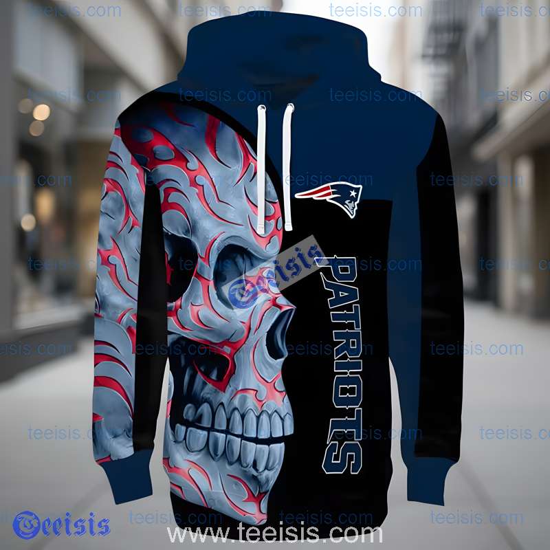 New England Patriots Skull Motif 3D Hoodie Graphic