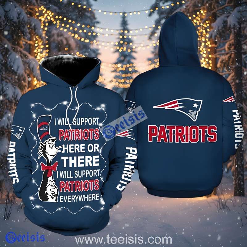 New England Patriots The Cat In The Hat 3D Hoodie Blue Printed For Fans